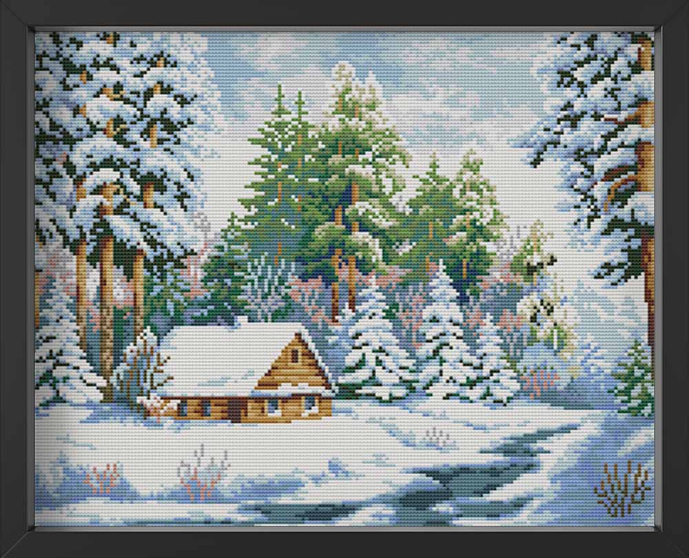 Kreuzstich - kleines Haus im Schnee | 50x35 cm - Diy - Fadenkunst