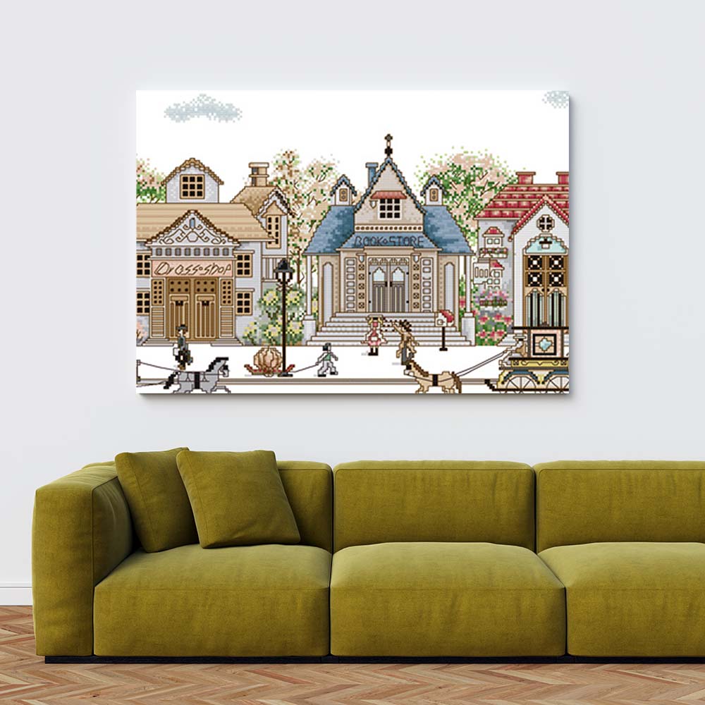 Kreuzstich -  Stadt mit Häusern und Pferdekutsche | 70x30 cm - Diy - Fadenkunst