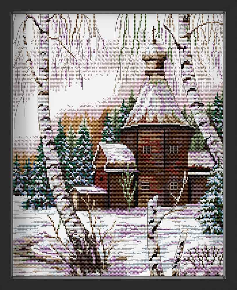 Kreuzstich - Altes Haus im Schnee | 35x45 cm - Diy - Fadenkunst