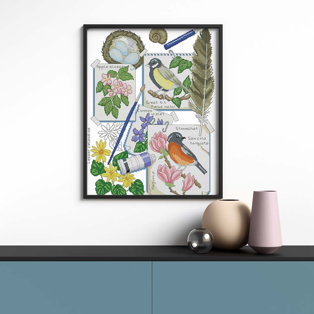 Kreuzstich - Vögel auf Papier | 40x50 cm - Diy - Fadenkunst