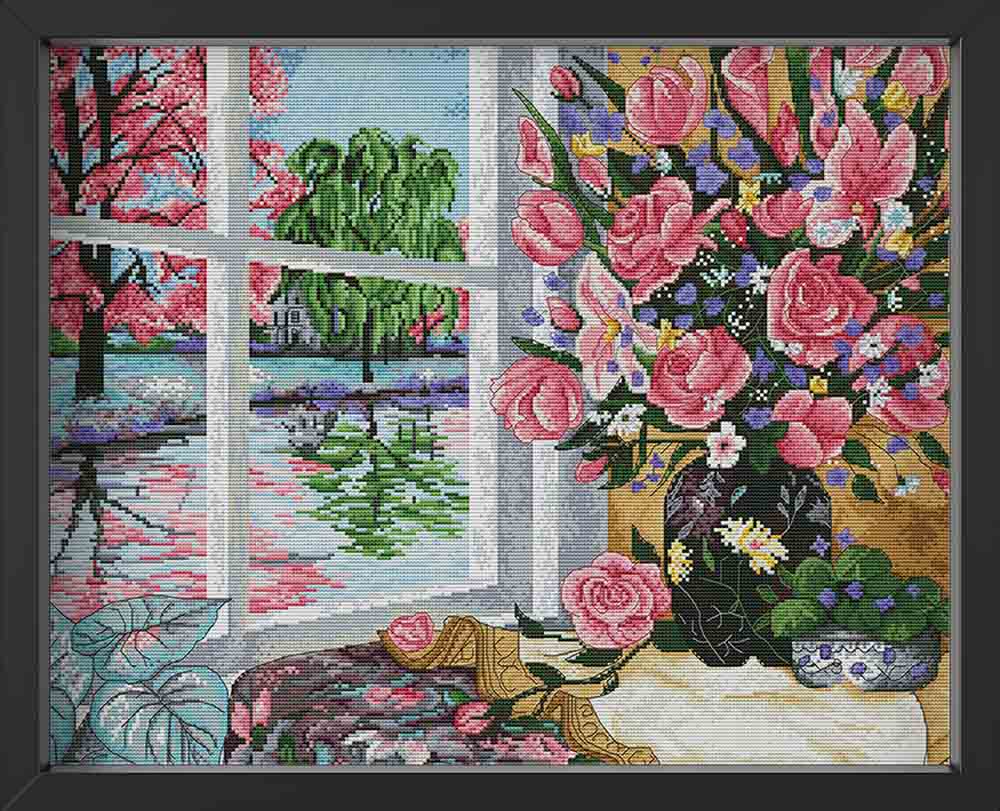 Kreuzstich -  Blumen auf der Fensterbank | 55x45 cm - Diy - Fadenkunst