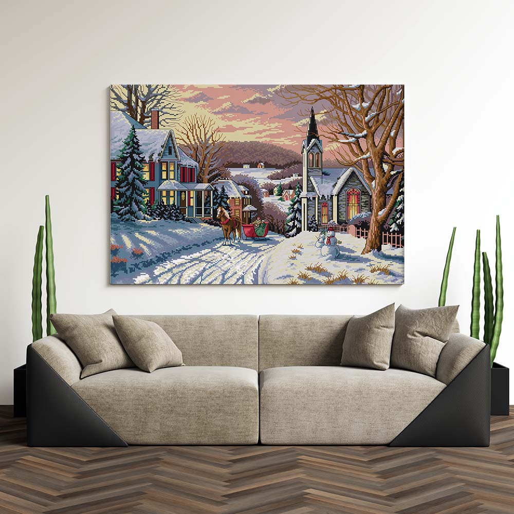 Kreuzstich - Dorf im Schnee | 60x45 cm - Diy - Fadenkunst