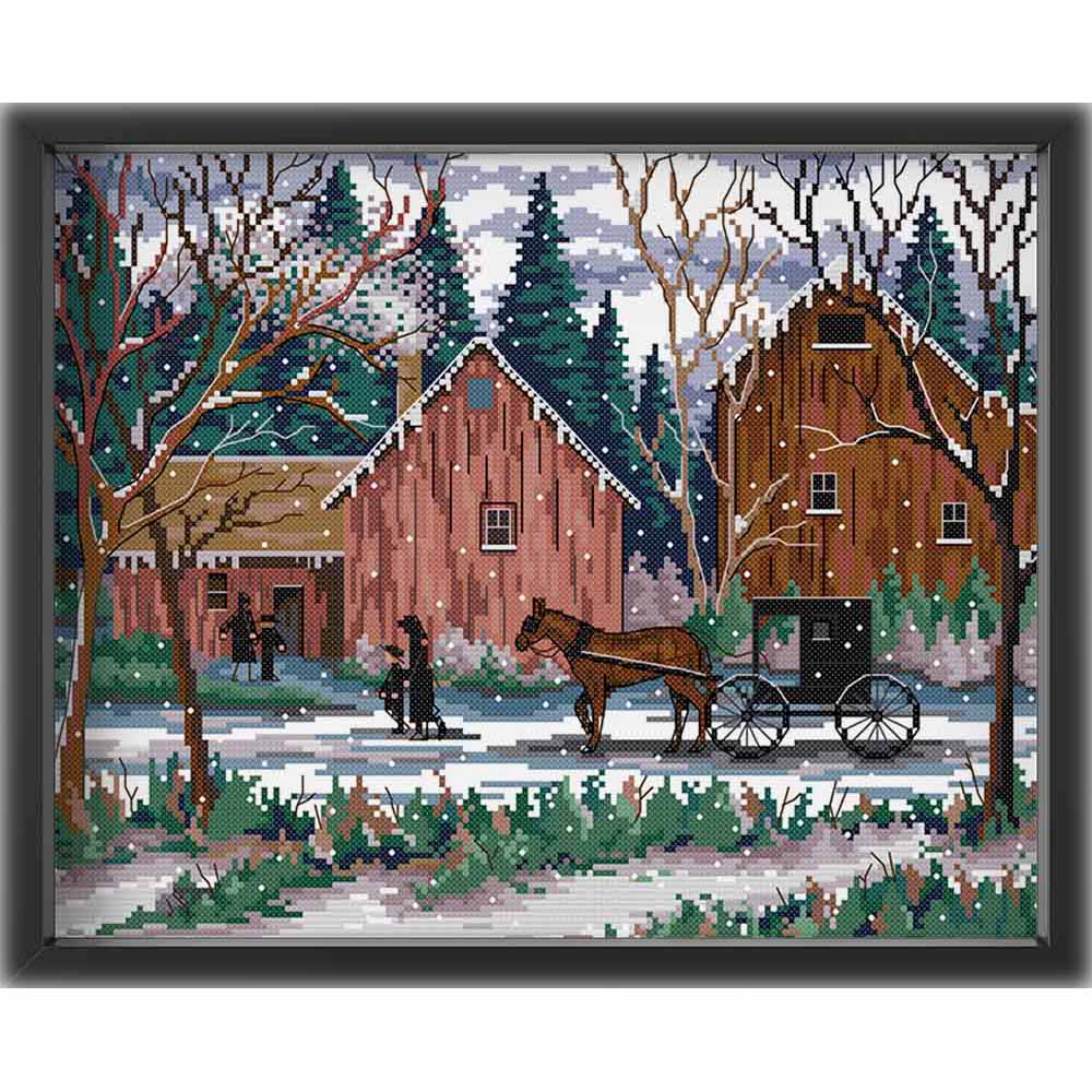 Kreuzstich - Bauernhof im Schnee | 40x30 cm - Diy - Fadenkunst