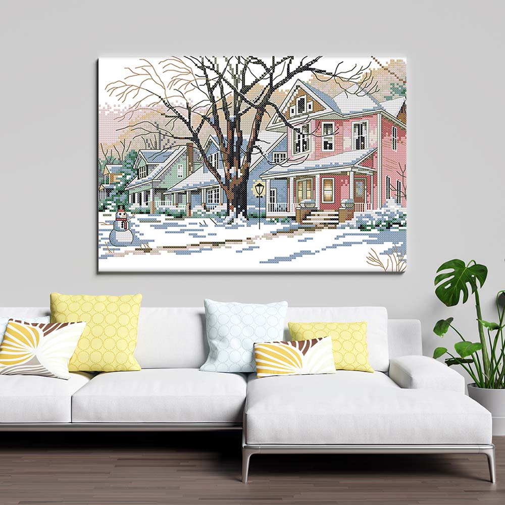 Kreuzstich - Amerikanische Häuser im Schnee | 45x25 cm - Diy - Fadenkunst