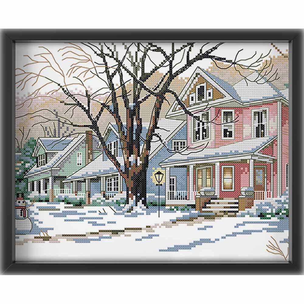 Kreuzstich - Amerikanische Häuser im Schnee | 45x25 cm - Diy - Fadenkunst