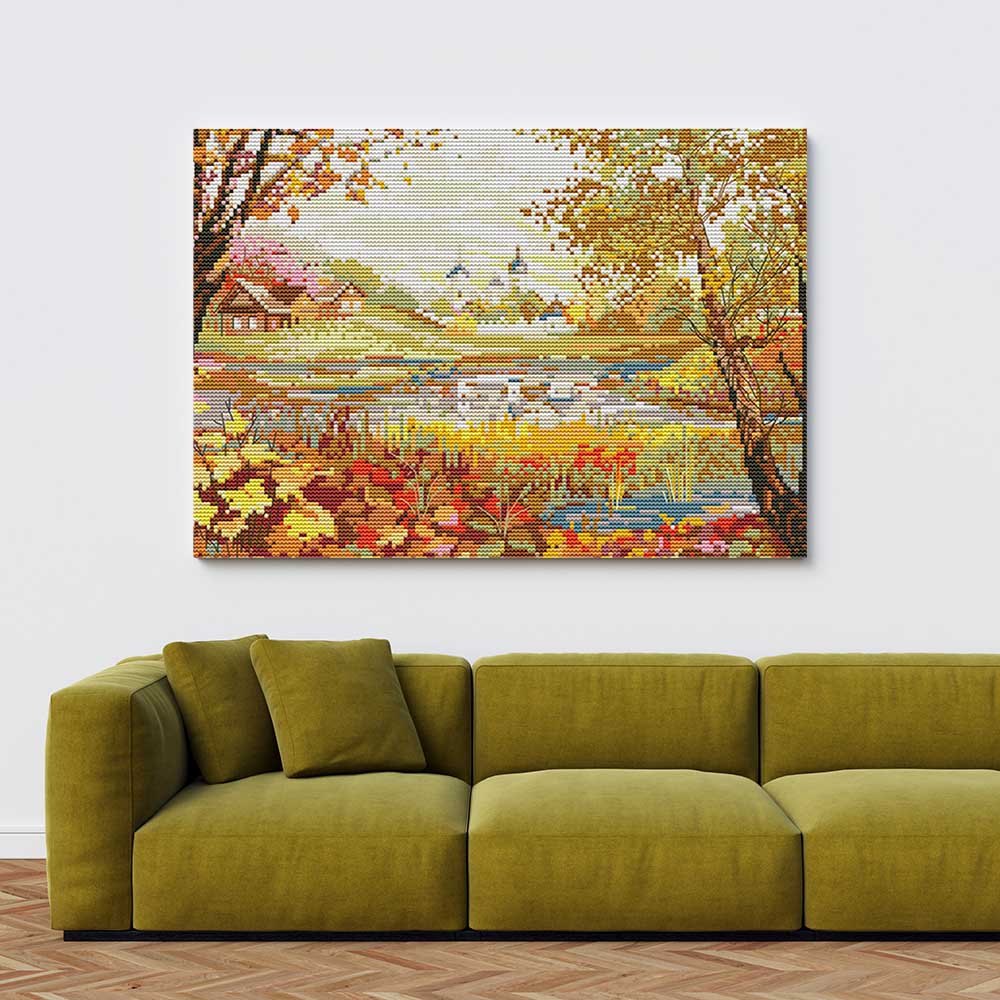 Kreuzstich -  Haus im Herbst mit Bäumen | 50x30 cm - Diy - Fadenkunst