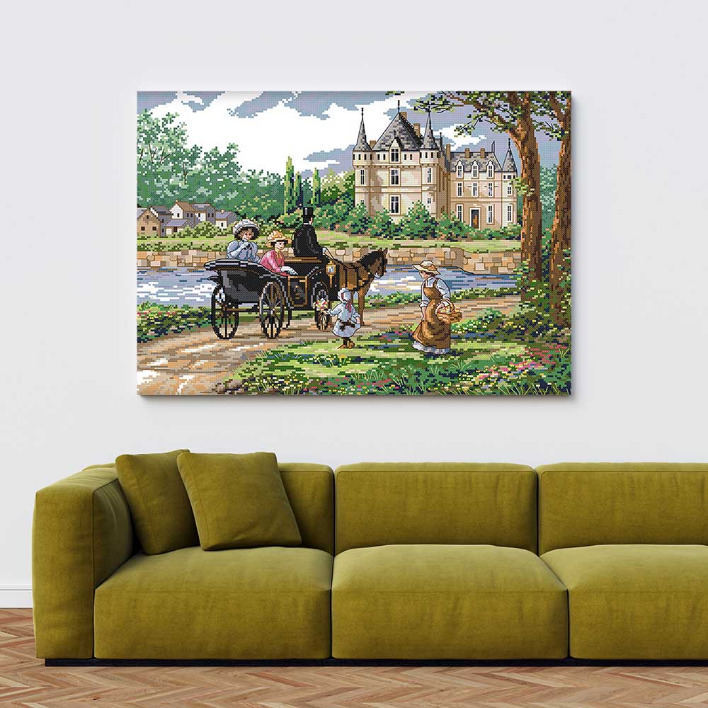 Kreuzstich -  Pferdekutsche vor einem Schloss | 50x40 cm - Diy - Fadenkunst