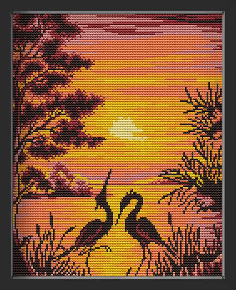 Kreuzstich - Sonnenuntergang am Wasser | 30x40 cm - Diy - Fadenkunst