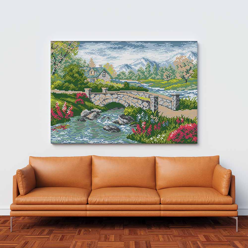 Kreuzstich - Landschaft in den Bergen mit Fluss | 45x35 - Diy - Fadenkunst