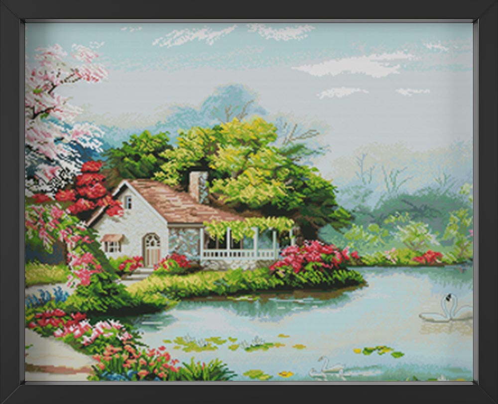 Kreuzstich - Ferienhaus mit See | 120x60 - Diy - Fadenkunst