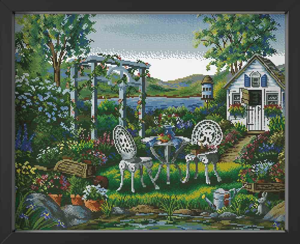 Kreuzstich -  schöner Garten mit Gartentisch und Stühlen | 60x50 cm - Diy - Fadenkunst