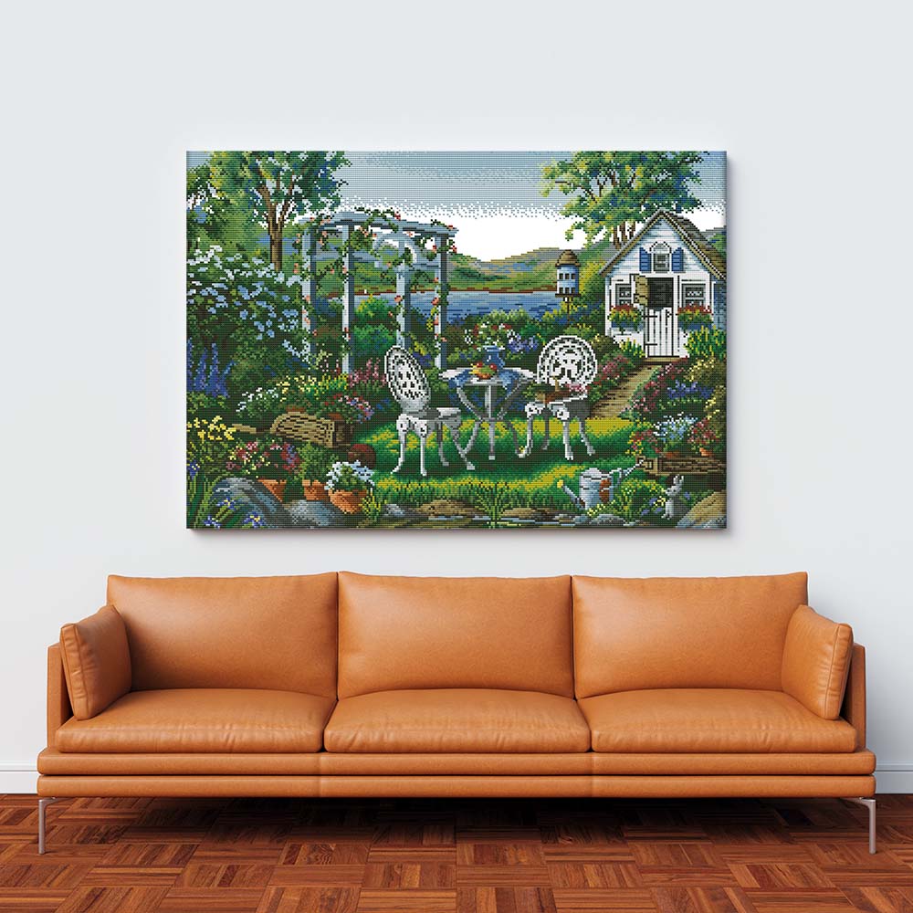 Kreuzstich -  schöner Garten mit Gartentisch und Stühlen | 60x50 cm - Diy - Fadenkunst