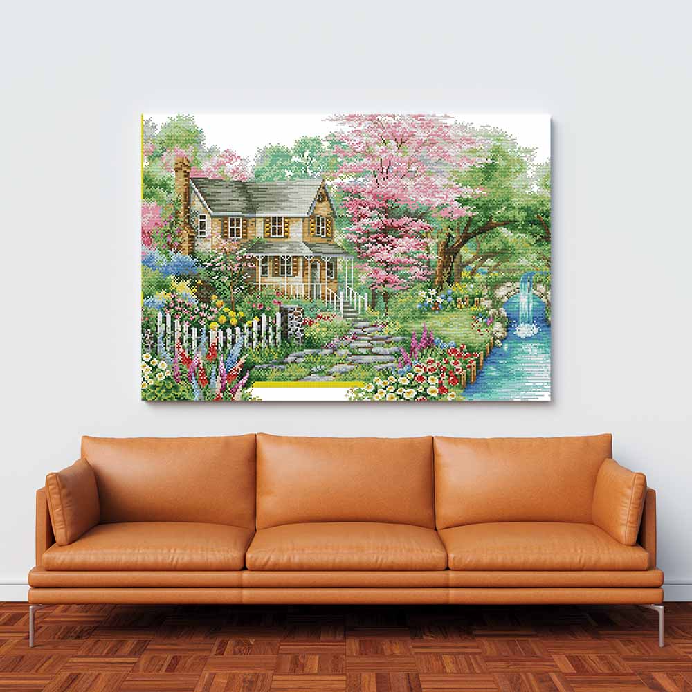 Kreuzstich - schönes Haus mit Garten und Fluss | 60x40 cm - Diy - Fadenkunst