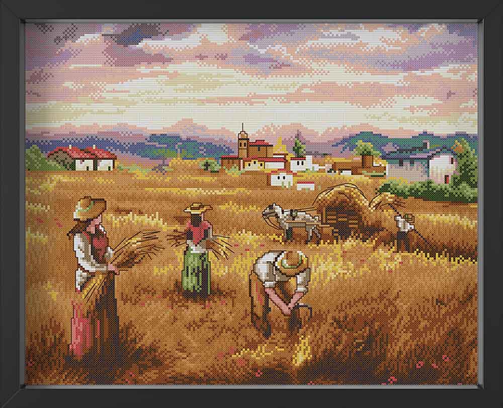 Kreuzstich - Bauern am arbeiten auf dem Feld | 50x40 - Diy - Fadenkunst
