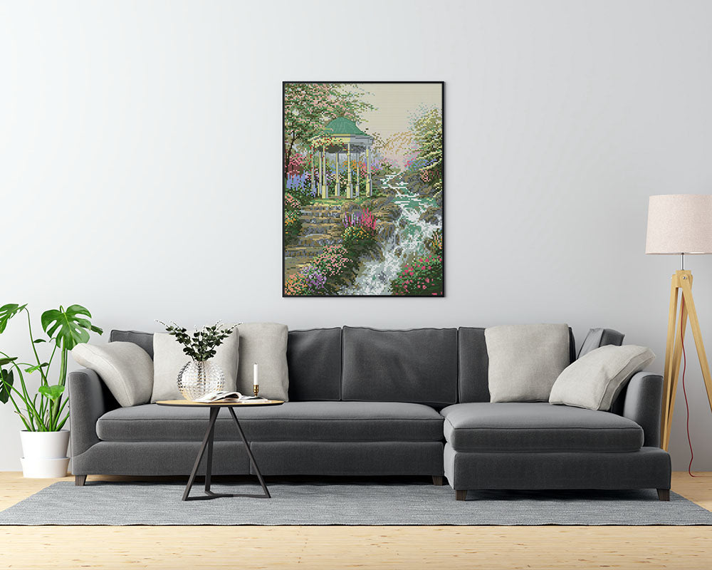 Kreuzstich - Landschaft mit Fluss und Blumen | 30x40 cm - Diy - Fadenkunst