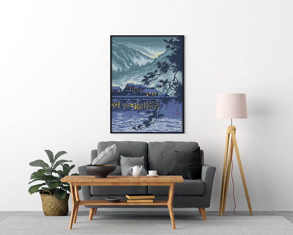 Kreuzstich - Landschaft mit Bergen und Häusern am Abend | 40x50 cm - Diy - Fadenkunst