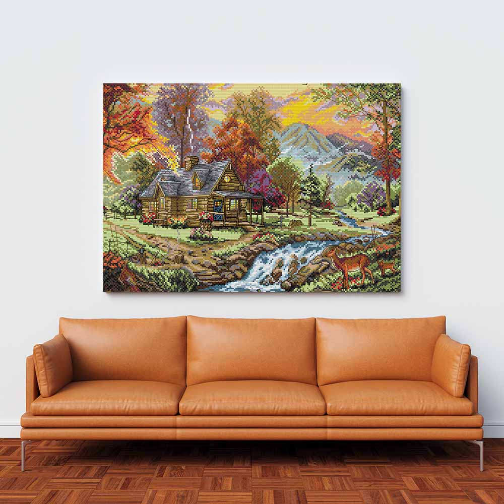 Kreuzstich -  Landschaft mit Bergen und Haus | 40x30 cm - Diy - Fadenkunst