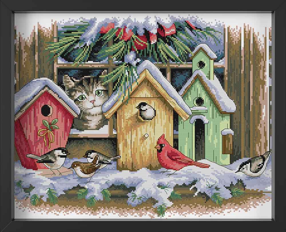 Kreuzstich -  Katze und kleine Vögel im Winter | 50x40 - Diy - Fadenkunst