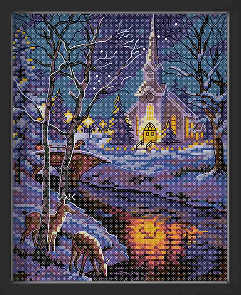 Kreuzstich - Kirche im Schnee | 20x30 cm - Diy - Fadenkunst