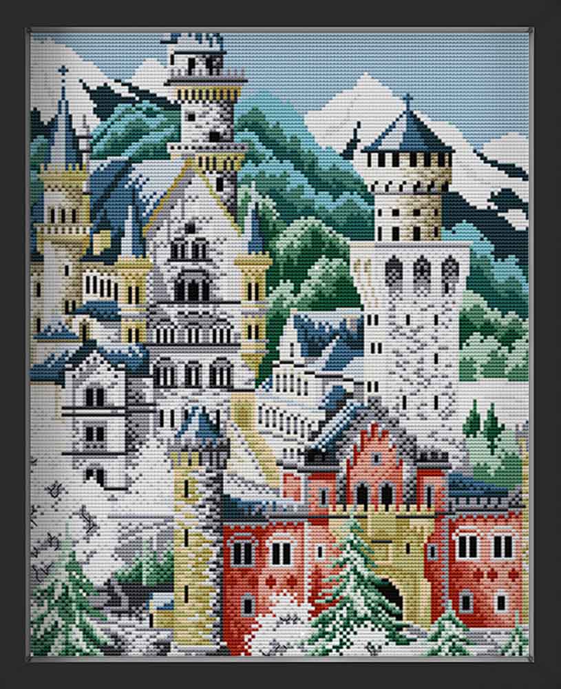 Kreuzstich - Schloss mit Wäldern | 40x50 cm - Diy - Fadenkunst