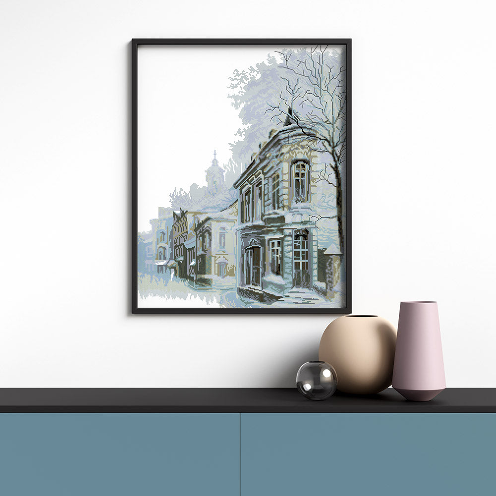 Kreuzstich - Schnee in der Stadt | 50x60 cm - Diy - Fadenkunst