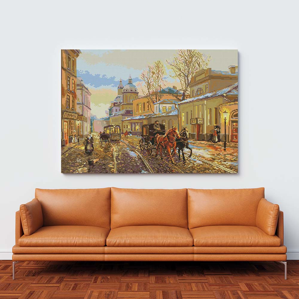 Kreuzstich -  Stadt mit toller Pferdekutsche | 60x40 cm - Diy - Fadenkunst