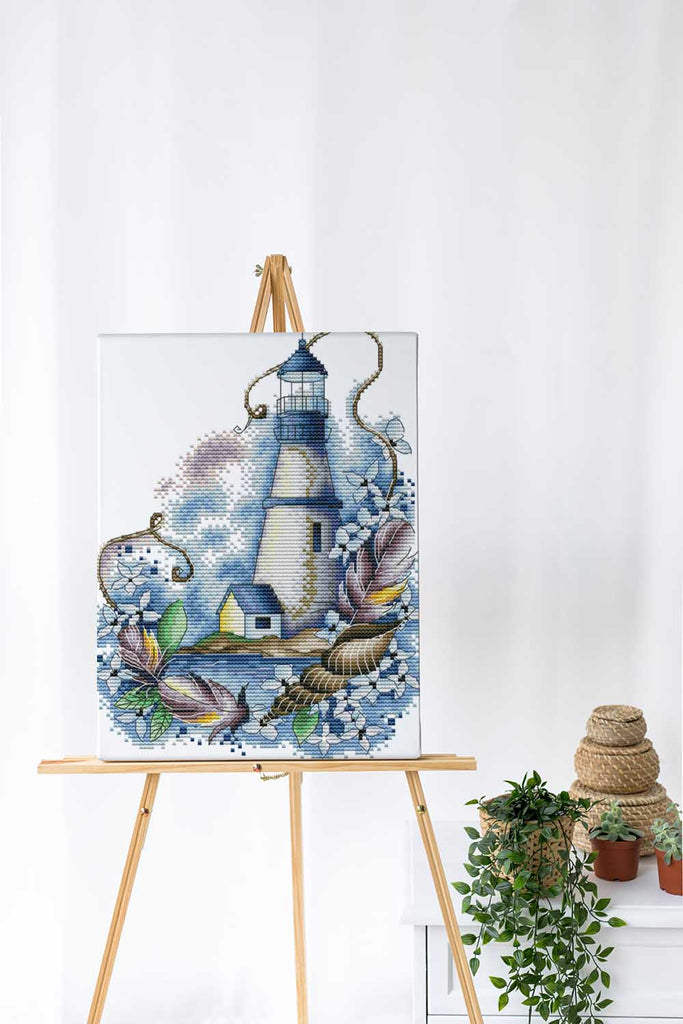 Kreuzstich - Leuchtturm blau mit Muschel | 20x30 cm - Diy - Fadenkunst