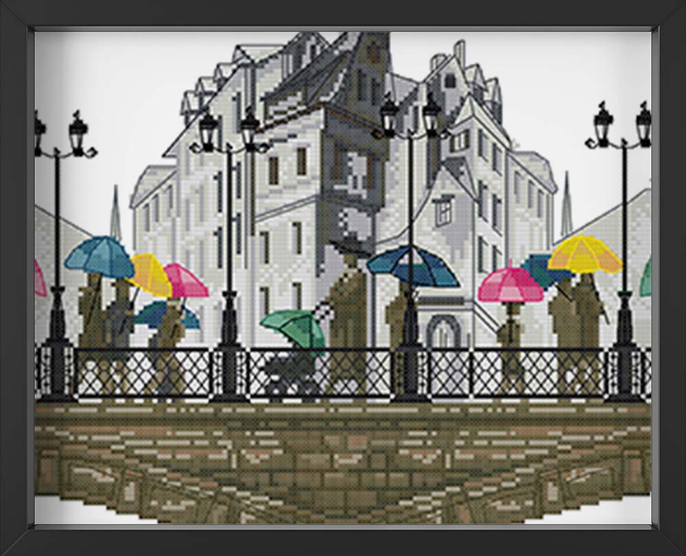 Kreuzstich - Stadt mit Menschen und Regenschirmen | 70x30 - Diy - Fadenkunst
