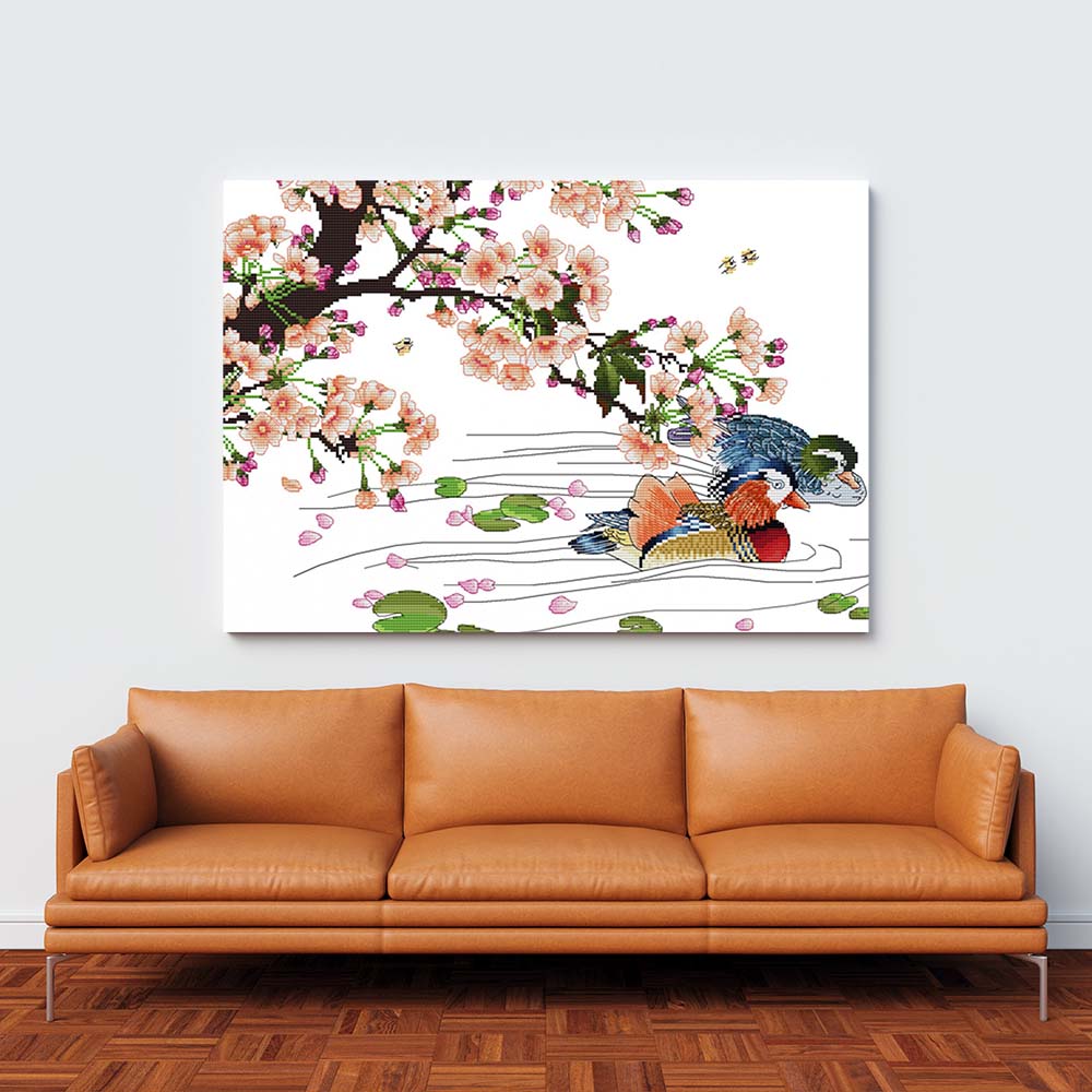 Kreuzstich -  zwei Enten mit Blumenast | 50x40 - Diy - Fadenkunst