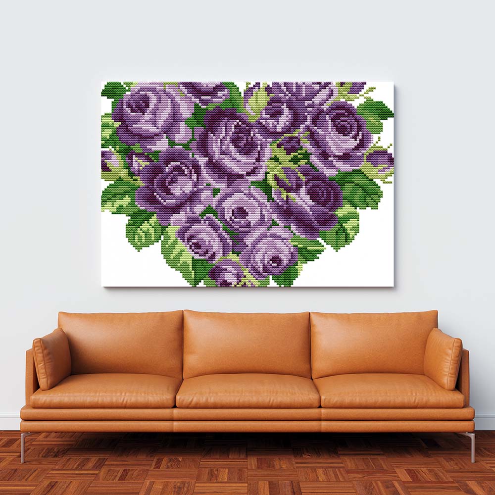 Kreuzstich -  violettes Rosenherz | 30x30 - Diy - Fadenkunst