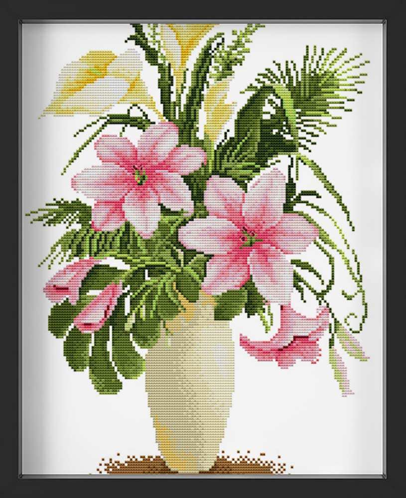 Kreuzstich - Vase mit großen Blumen | 30x40 cm - Diy - Fadenkunst