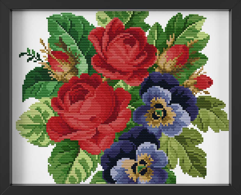 Kreuzstich - Rose mit Stiefmütterchen | 30x40 cm - Diy - Fadenkunst