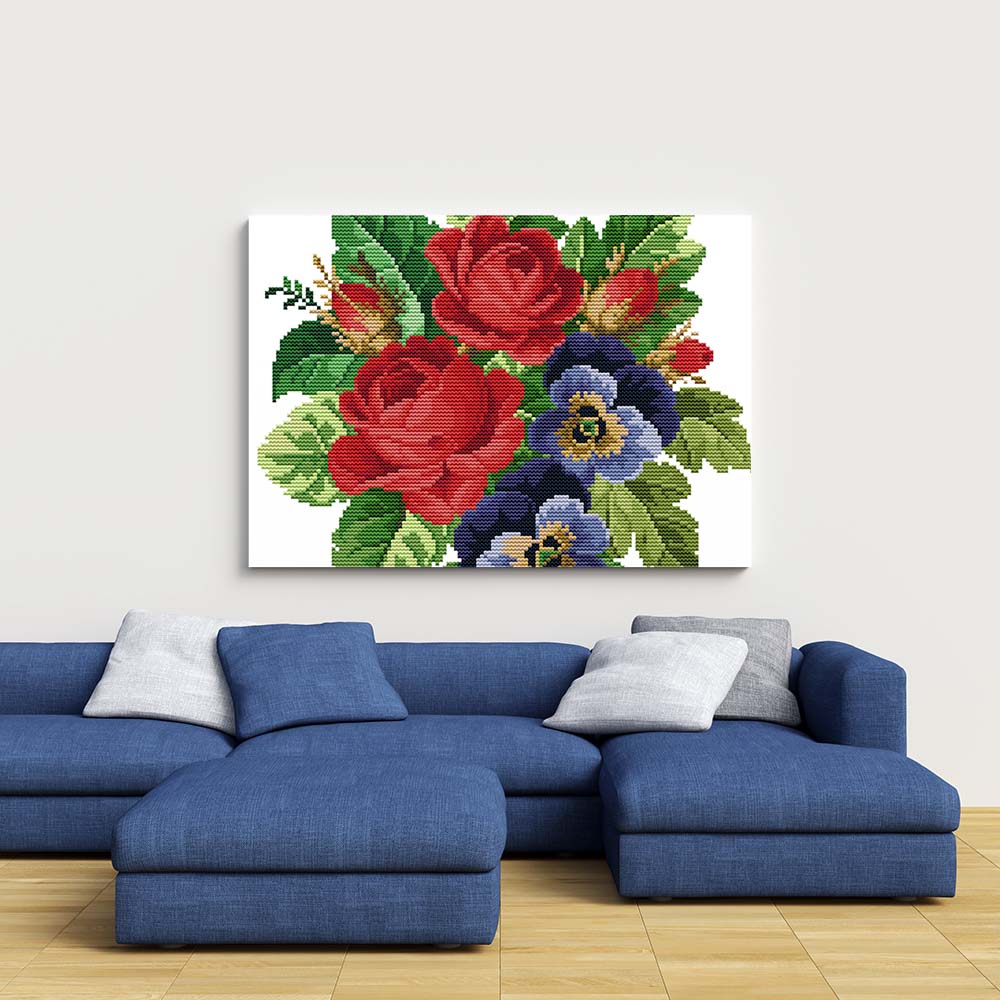 Kreuzstich - Rose mit Stiefmütterchen | 30x40 cm - Diy - Fadenkunst