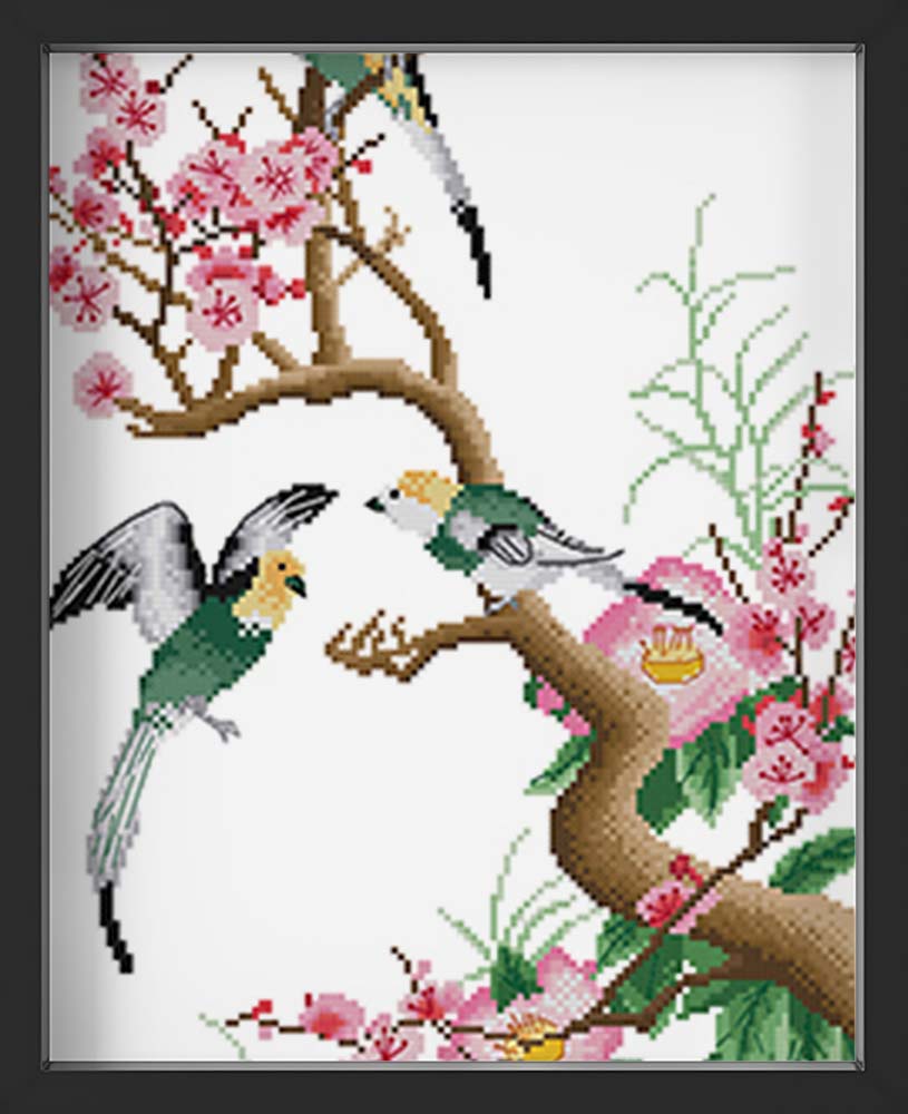 Kreuzstich - Vögel auf Baum | 30x60 cm - Diy - Fadenkunst