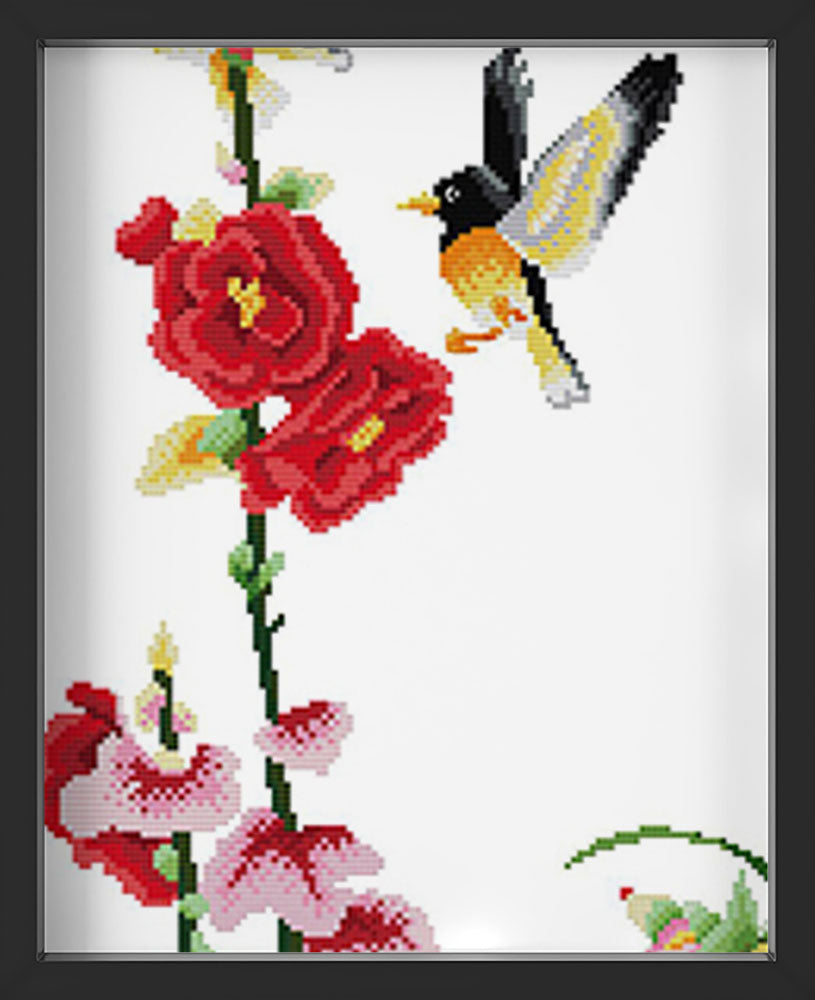 Kreuzstich - kleiner Vogel mit Blumen | 30x60 cm - Diy - Fadenkunst