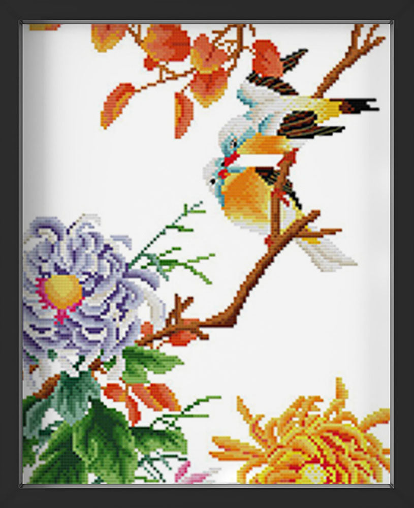 Kreuzstich - zwei kleiner Vögel mit Blumen | 30x60 cm - Diy - Fadenkunst