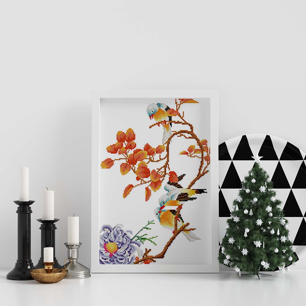 Kreuzstich - zwei kleiner Vögel mit Blumen | 30x60 cm - Diy - Fadenkunst
