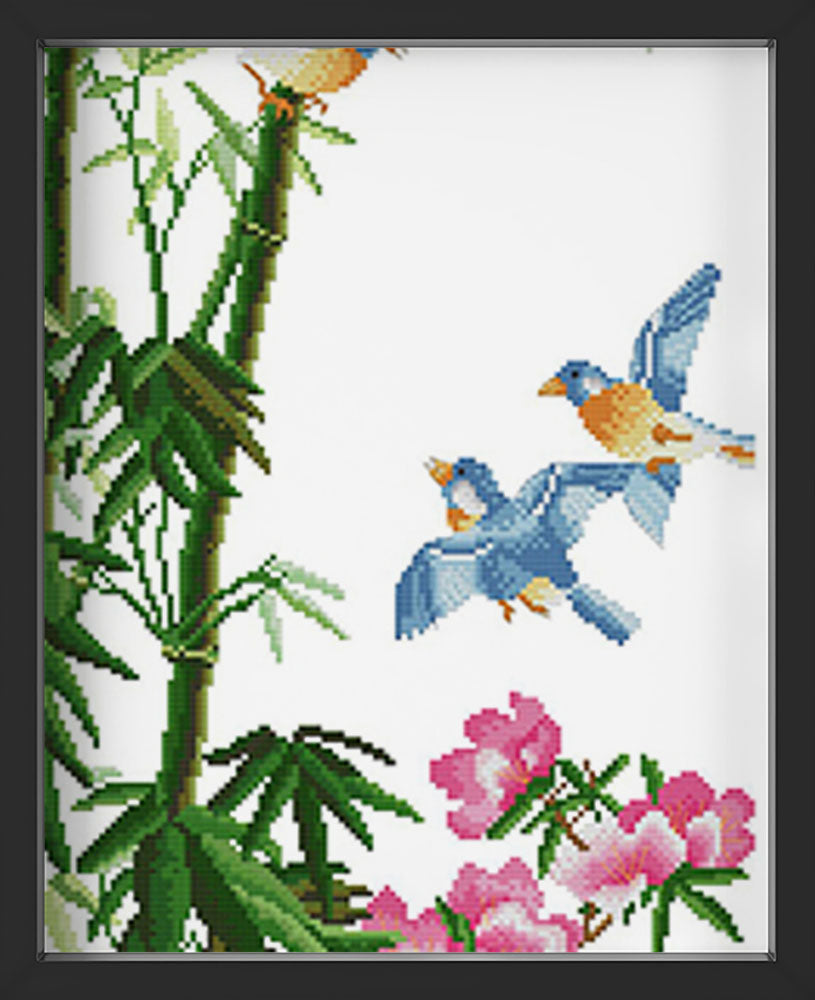 Kreuzstich - zwei kleiner blaue Vögel mit Blumen und Bambus | 30x60 cm - Diy - Fadenkunst