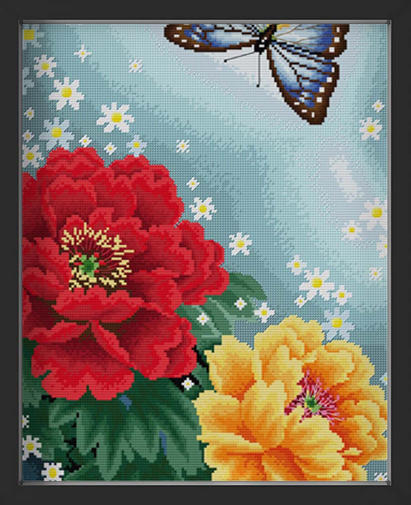 Kreuzstich - zwei große Blumen mit Schmetterling | 30x60 cm - Diy - Fadenkunst