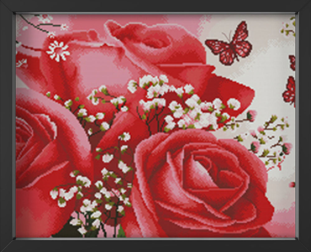 Kreuzstich -  rote Rose mit Schmetterling | 115x40 cm - Diy - Fadenkunst