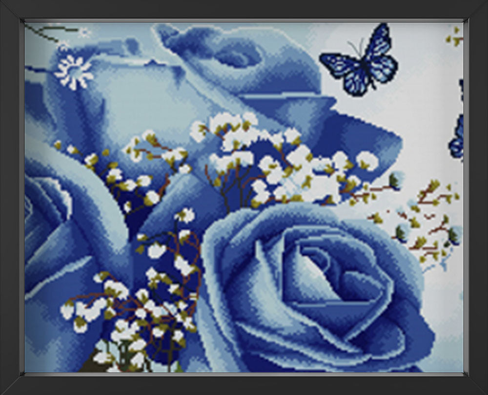 Kreuzstich -  blaue Rose mit Schmetterling | 115x40 - Diy - Fadenkunst