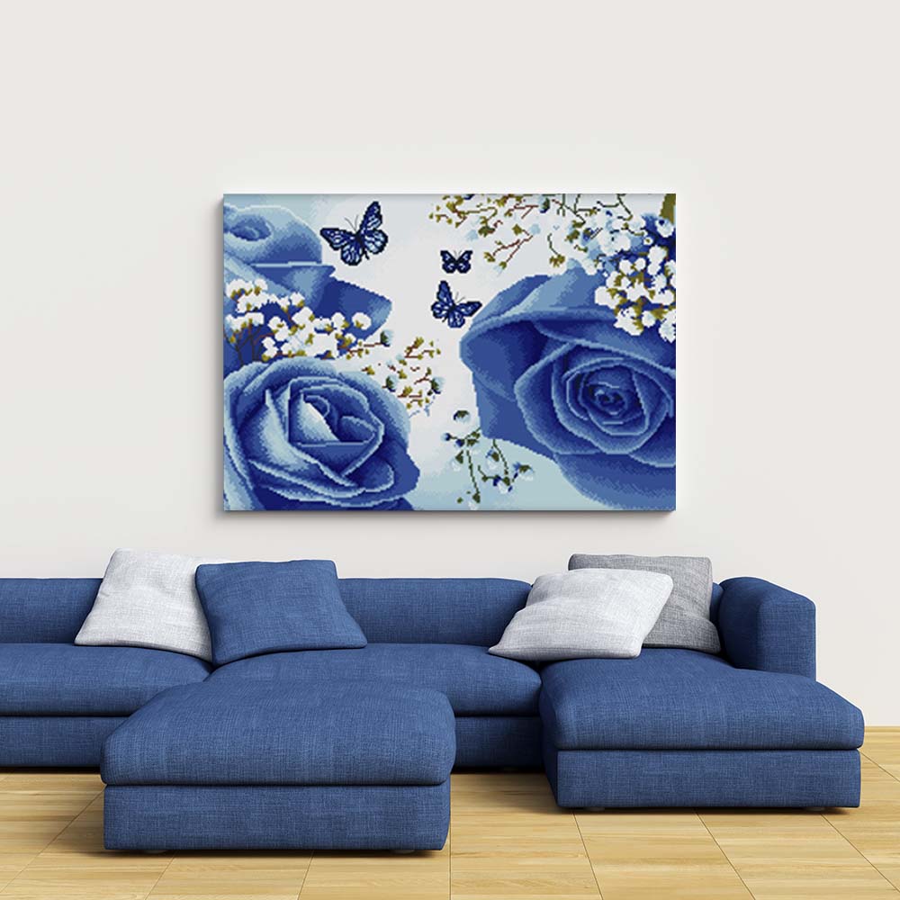 Kreuzstich -  blaue Rose mit Schmetterling | 115x40 - Diy - Fadenkunst