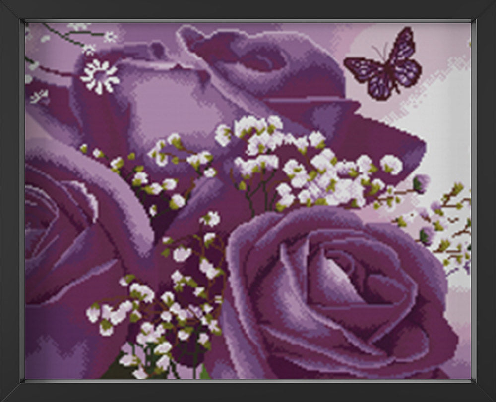 Kreuzstich -  violette Rose mit Schmetterling | 115x40 - Diy - Fadenkunst