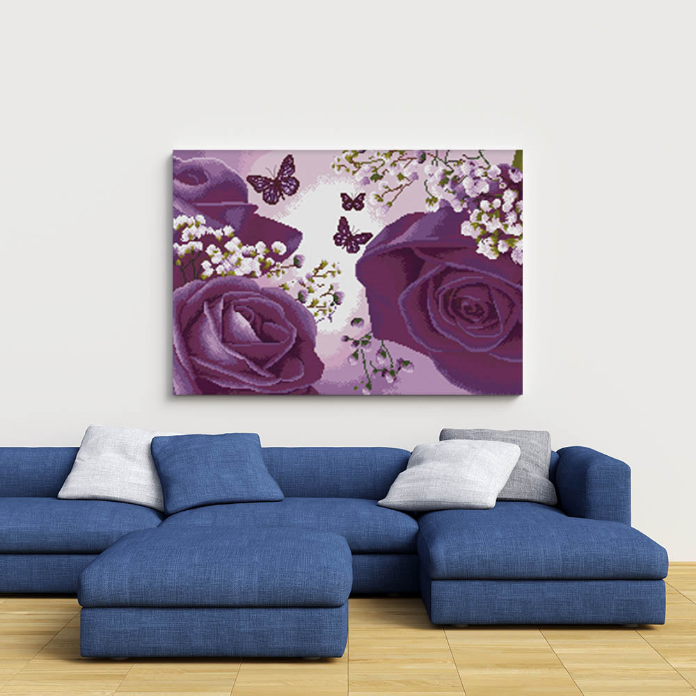 Kreuzstich -  violette Rose mit Schmetterling | 115x40 - Diy - Fadenkunst