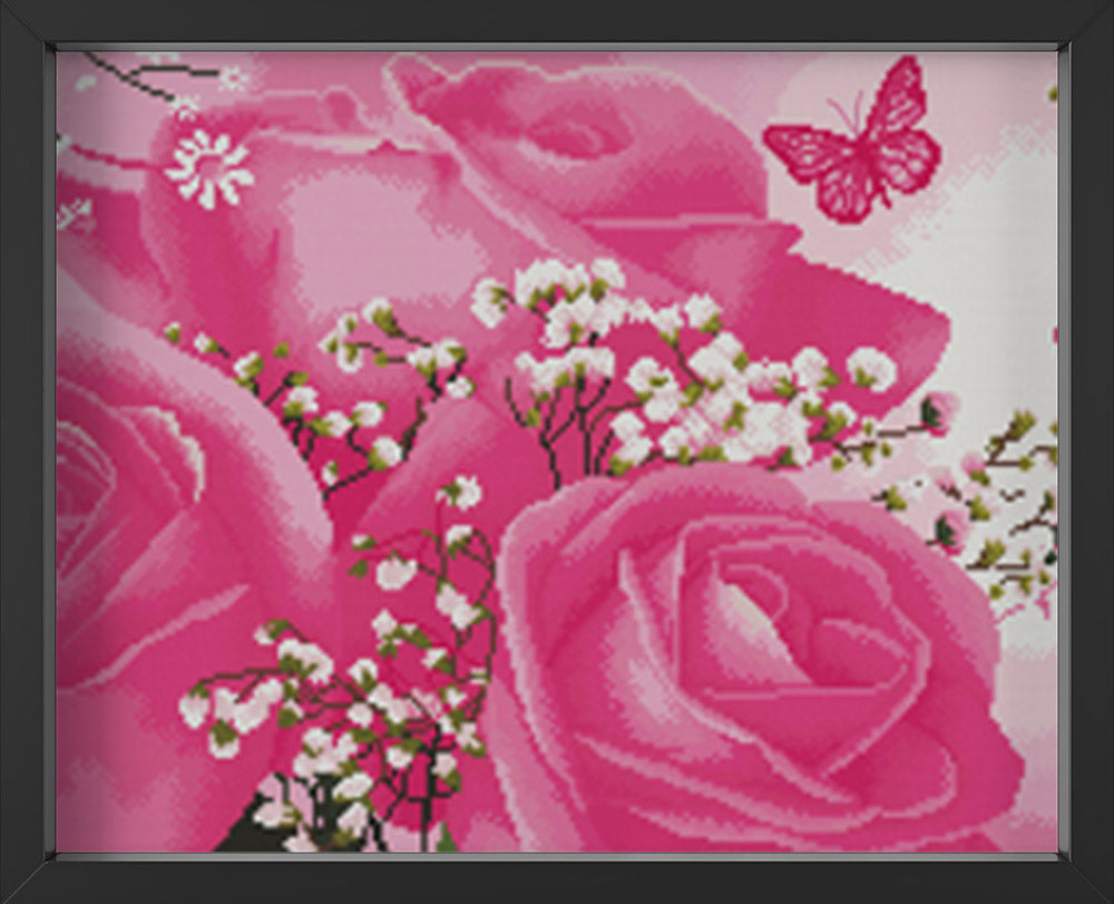 Kreuzstich -  rosa Rose mit Schmetterling | 115x40 - Diy - Fadenkunst