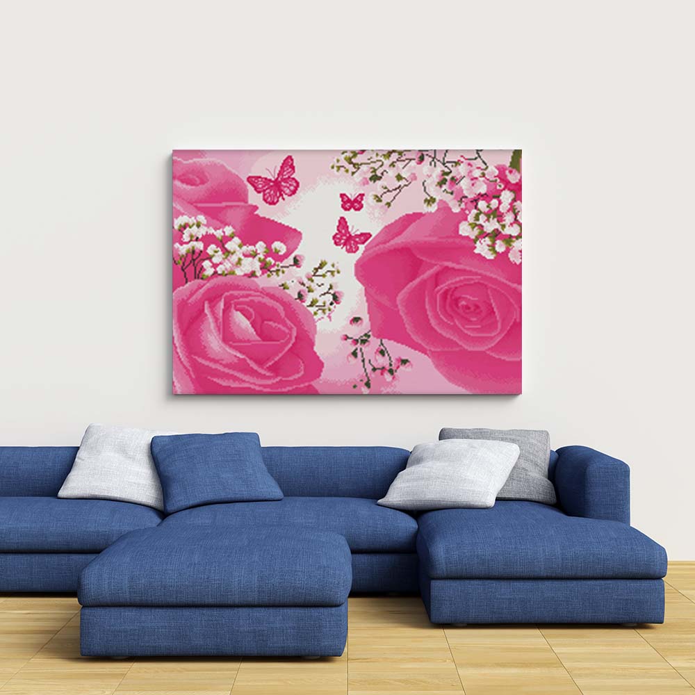 Kreuzstich -  rosa Rose mit Schmetterling | 115x40 - Diy - Fadenkunst
