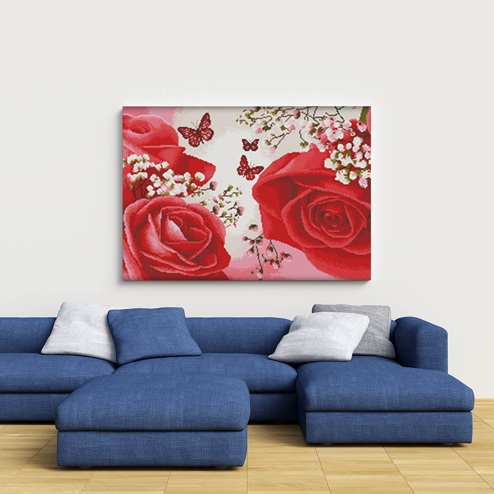 Kreuzstich -  rote Rose mit Schmetterling | 115x40 cm - Diy - Fadenkunst