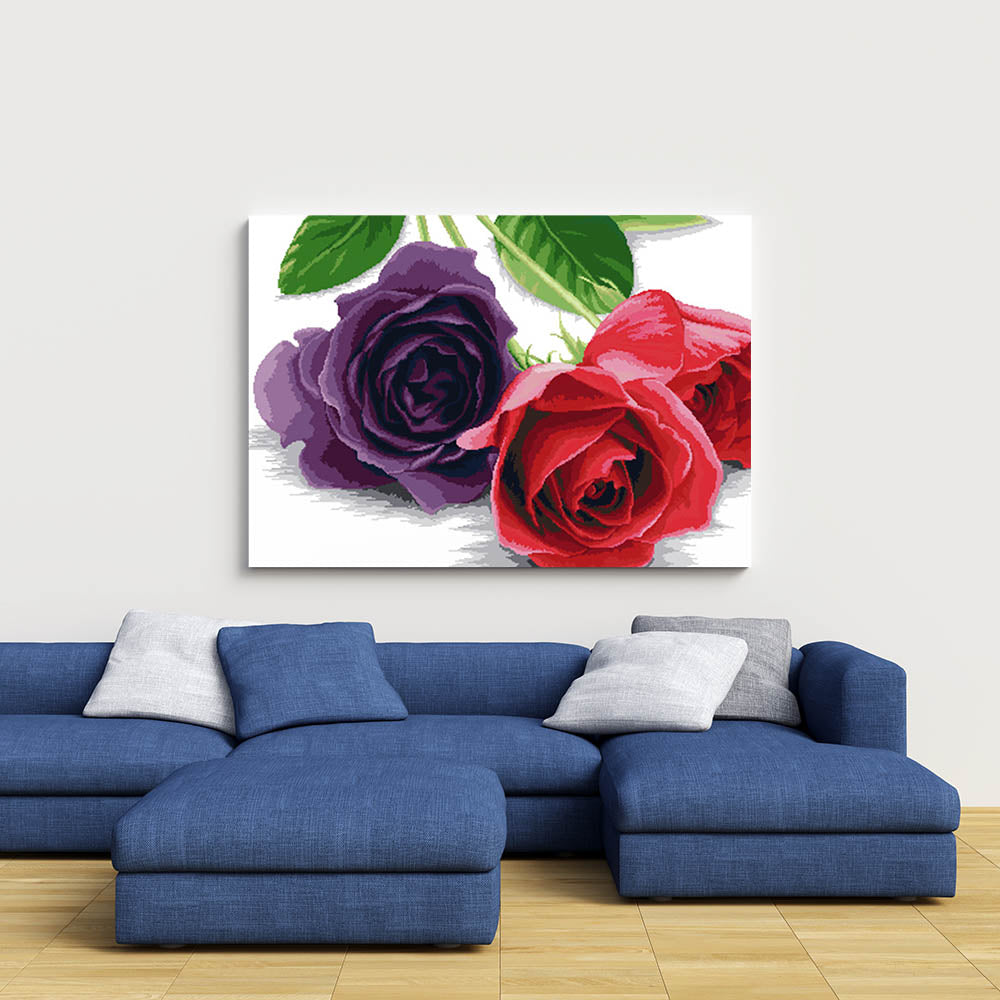 Kreuzstich -  violette und rote Rosen | 100x60 - Diy - Fadenkunst