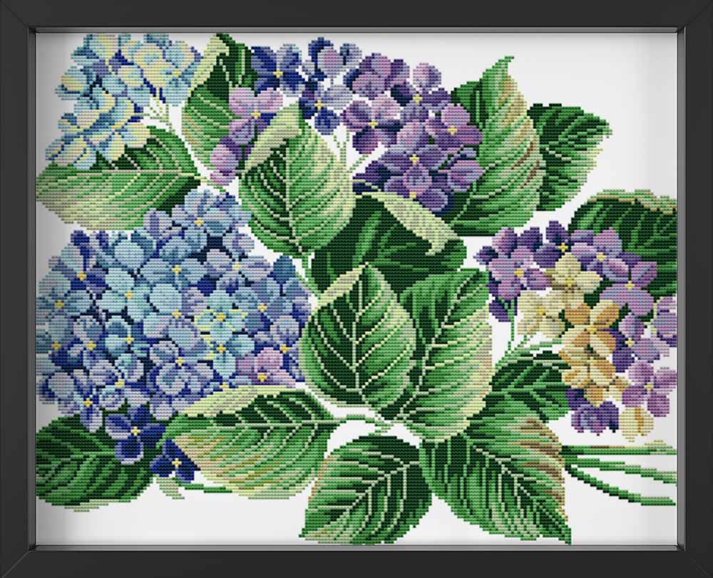 Kreuzstich - Hortensie lila | 40x30 cm - Diy - Fadenkunst