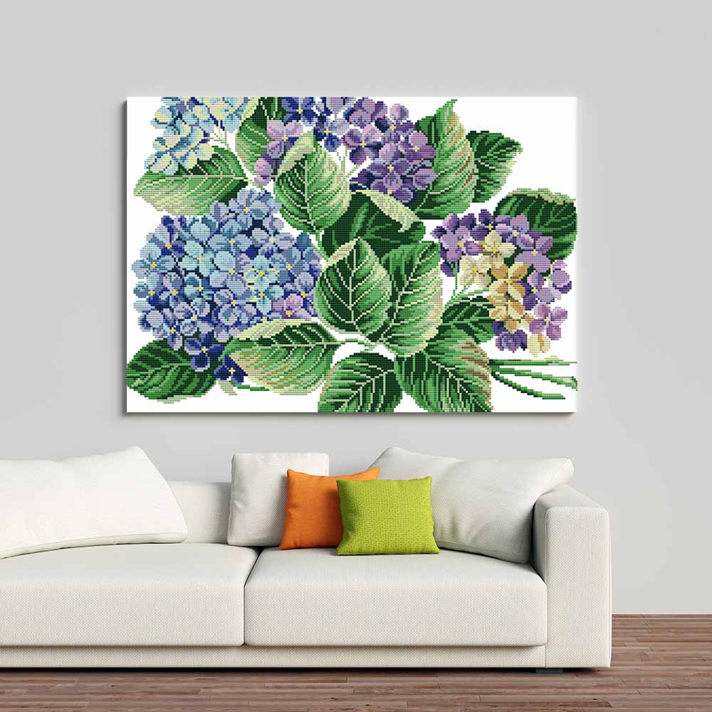 Kreuzstich - Hortensie lila | 40x30 cm - Diy - Fadenkunst